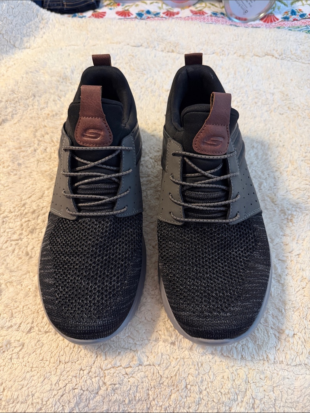 Skechers Men’s Black and Gray Knit Lace-Up Sneakers with Brown Pull Tabs